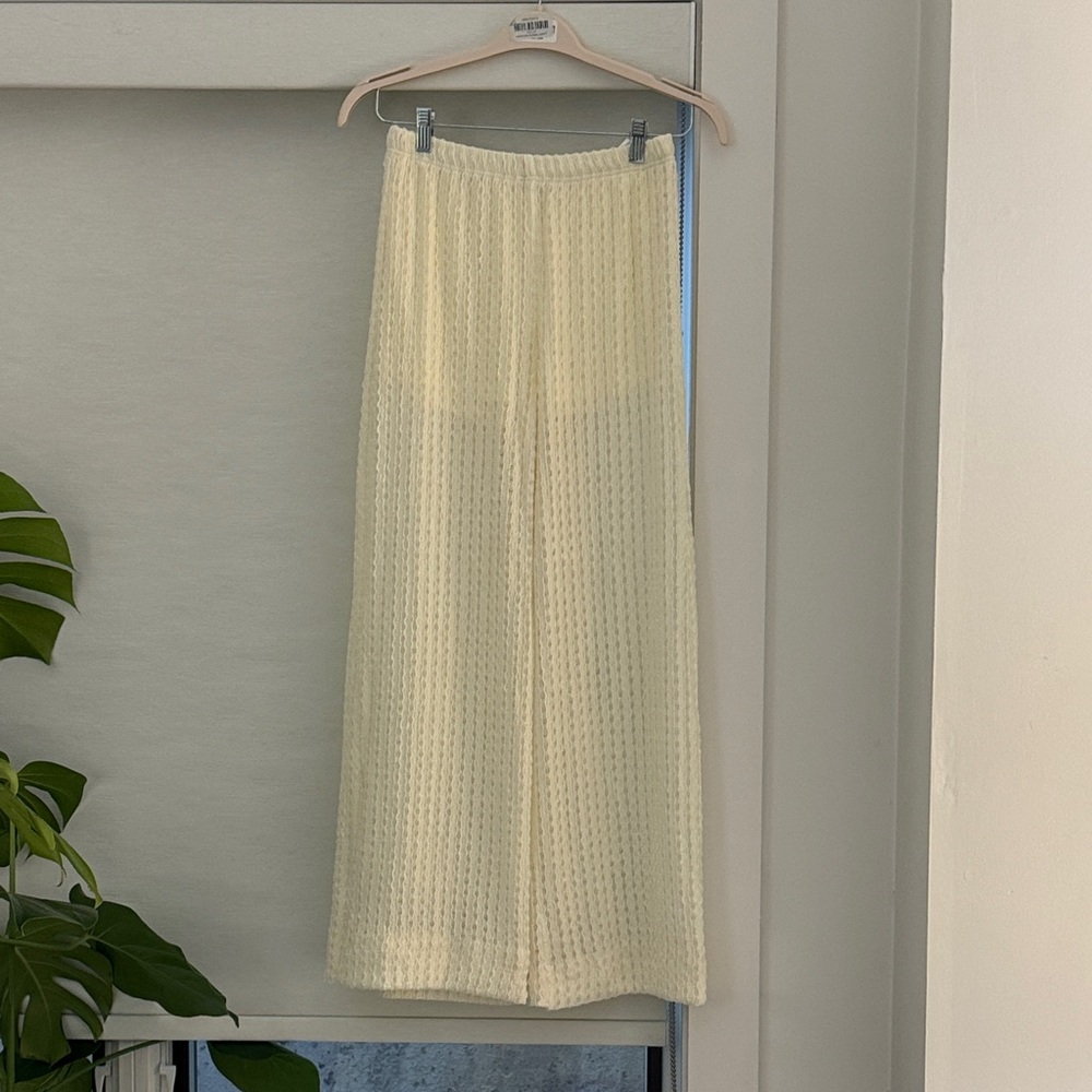 Cream Textured Wide-Leg Pants